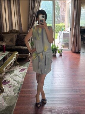 Theyskens' Theory Pastel Watercolor Shift Dress in Blue, Yellow, Gray